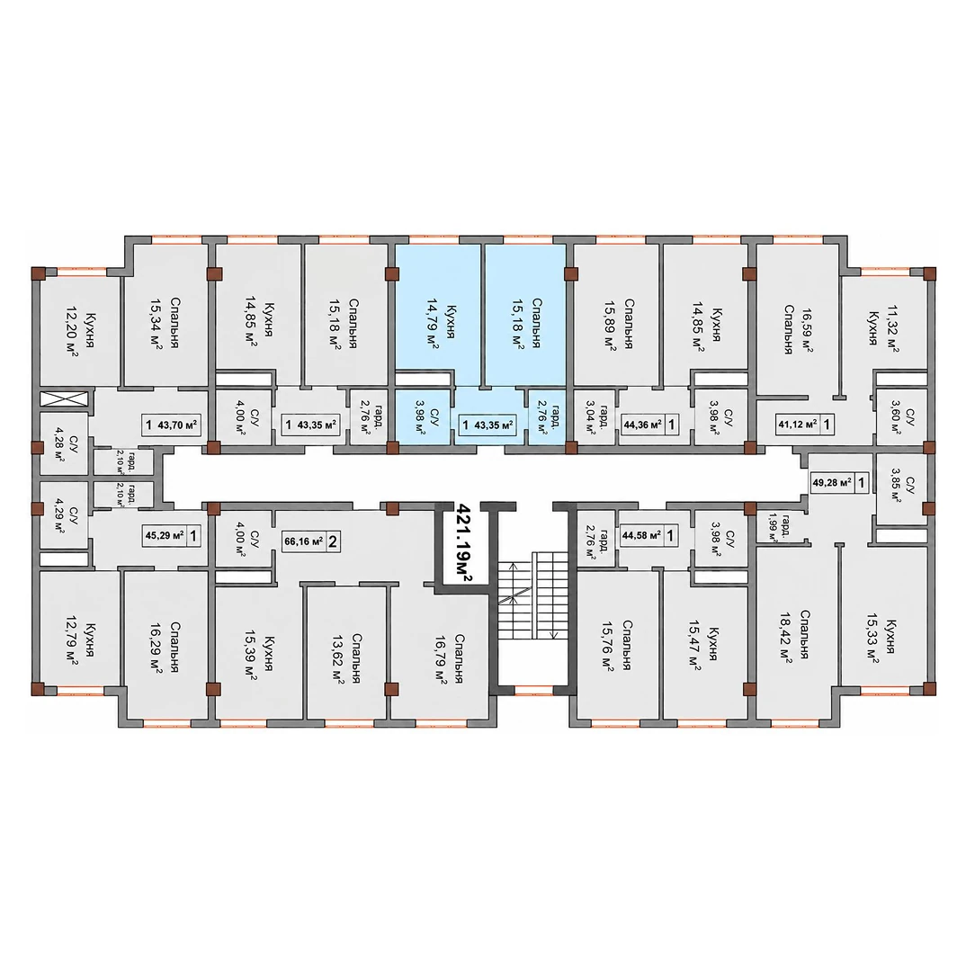 На этаже — 43,35 м²