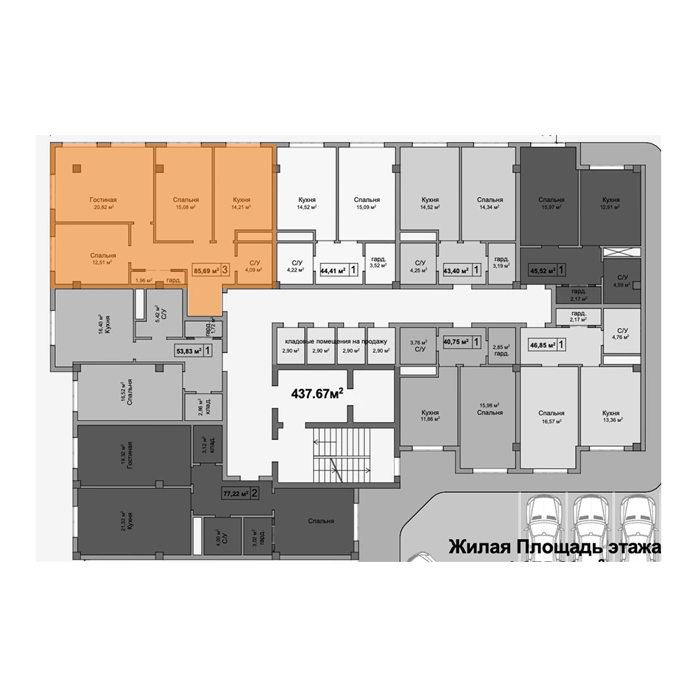 На этаже — 85,69 м²