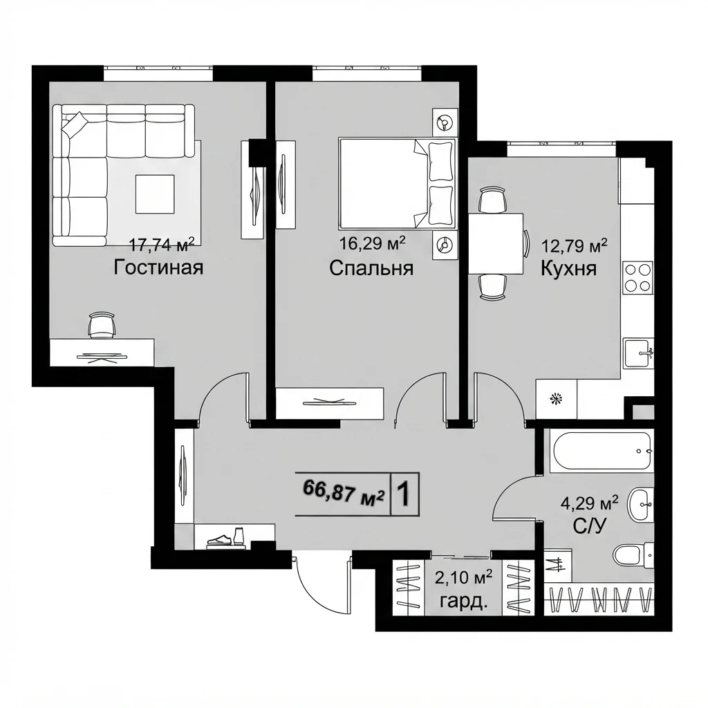 Планировка — 66,87 м²